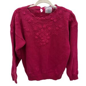 Cape Isle Knitters Hand Embroidered Floral 3D Knit Sweater Womens Small Pink VTG
